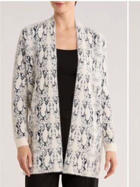 Cyrus Ivory and Black Open-Front Patterned Cardigan